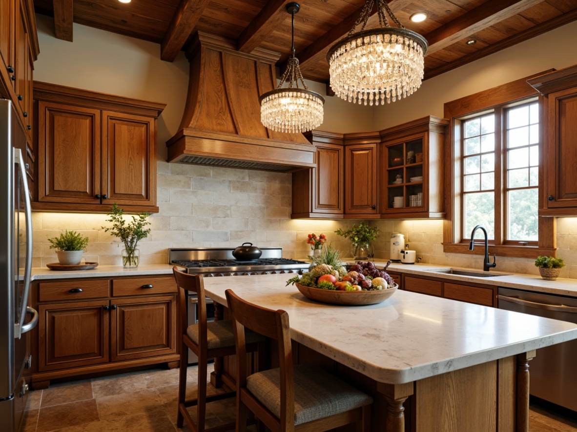 Prompt: Cozy traditional kitchen, warm wooden cabinetry, rustic stone countertops, soft cream-colored walls, elegant crystal chandeliers, pendant lighting fixtures, under-cabinet task lighting, ambient ceiling lights, natural light pouring in through large windows, gentle morning sunbeams, rich wood tones, ornate metal hardware, classic ceramic tiles, vintage-inspired appliances, farmhouse sink, warm earthy color palette, inviting atmosphere, shallow depth of field, 1/2 composition, softbox lighting effect.