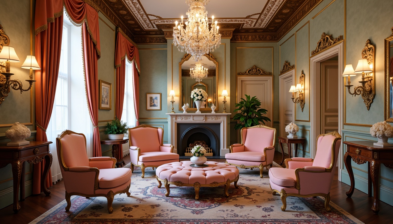 Prompt: Luxurious velvet armchairs, ornate gold leaf carvings, curved cabriole legs, soft pastel hues, intricate wood inlays, delicate porcelain vases, lavish crystal chandeliers, elegant silk drapes, richly patterned rugs, antique bronze hardware, carved wooden mirrors, ornamental console tables, refined Louis XV style, opulent tufted ottomans, whimsical shell-shaped decorations, warm candlelight ambiance, shallow depth of field, 1/1 composition, soft focus blur, romantic warm color palette.