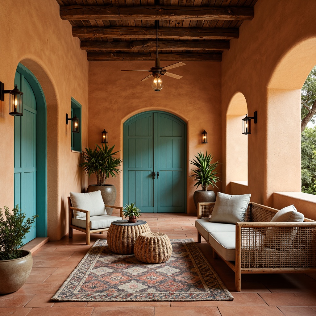 Prompt: Southwestern-style interior, warm adobe walls, rough-hewn wooden beams, textured terracotta floors, vibrant turquoise accents, geometric patterned rugs, woven wicker furniture, natural fiber textiles, earthy color palette, rustic metal lighting fixtures, distressed wood decor, soft warm lighting, shallow depth of field, 1/1 composition, realistic textures, ambient occlusion.