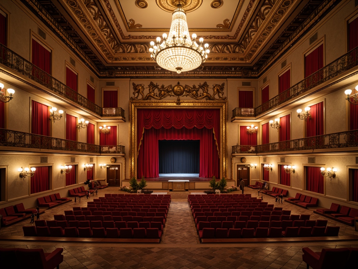 Prompt: Grand opera house, ornate chandeliers, red velvet curtains, gilded balconies, sweeping staircases, marble floors, luxurious seating areas, intimate stage settings, dramatic spotlights, soft warm lighting, shallow depth of field, 3/4 composition, panoramic view, realistic textures, ambient occlusion.