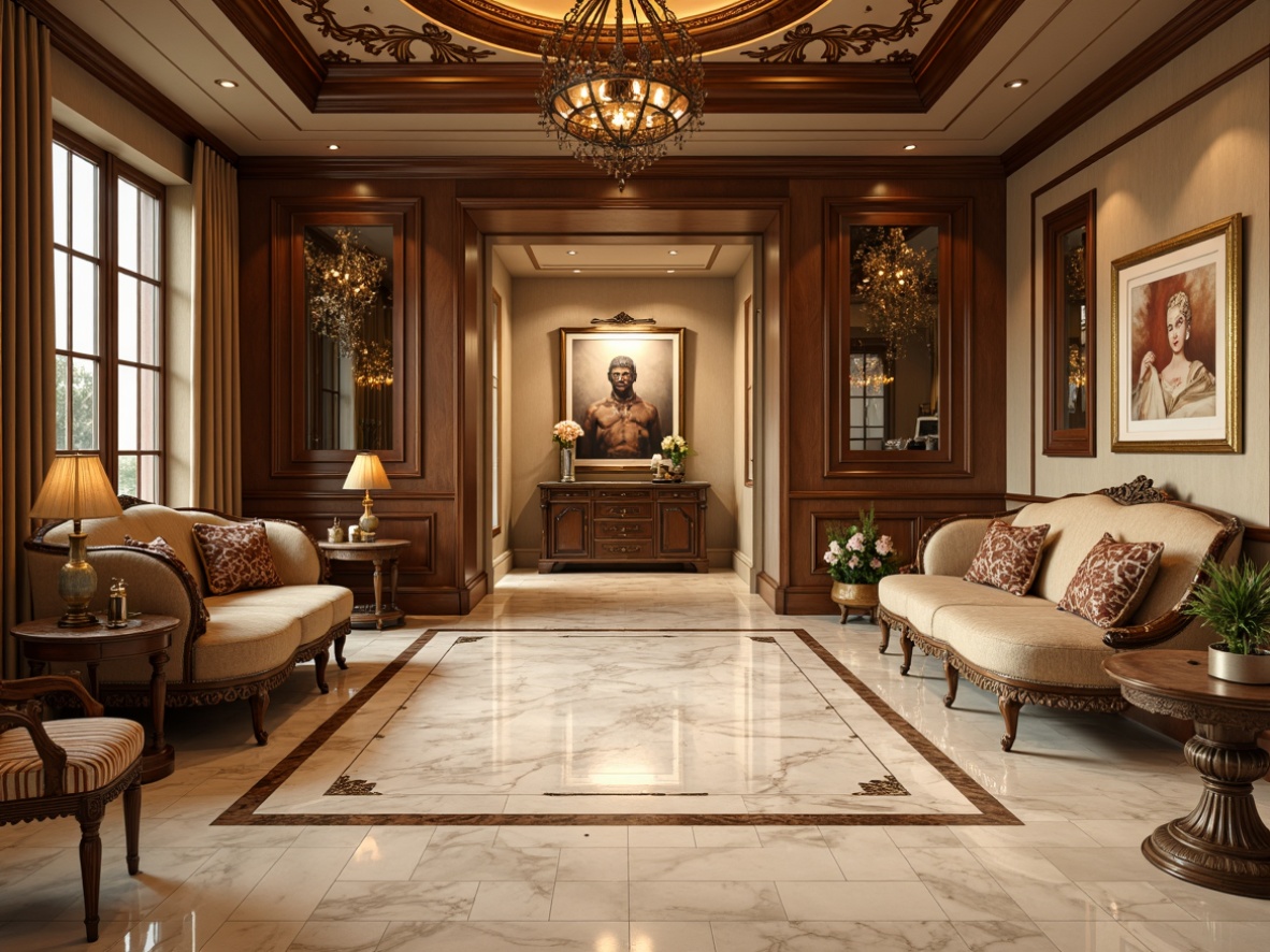 Prompt: Elegant classic interior, rich wood tones, ornate furnishings, intricate carvings, velvety soft upholstery, cream-colored marble, golden accents, warm beige walls, subtle texture patterns, soft diffused lighting, 1/1 composition, shallow depth of field, realistic renderings, ambient occlusion, luxurious fabrics, subtle sheen, ornamental details, traditional architectural elements.