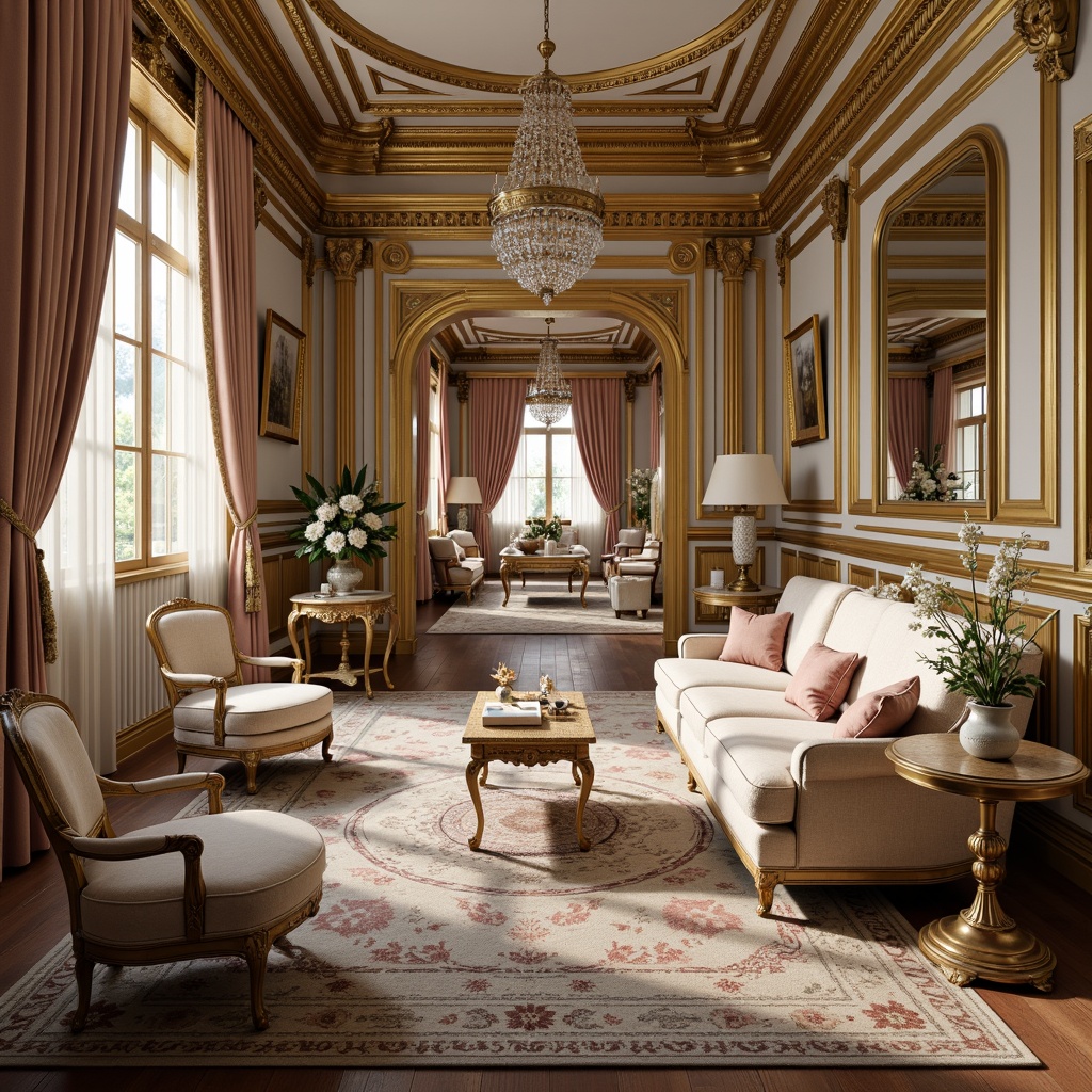 Prompt: Luxurious Rococo interior, ornate gold accents, velvet upholstery, intricately carved wooden furniture, soft pastel hues, delicate florals, curved lines, ornamental mirrors, crystal chandeliers, plush area rugs, richly patterned fabrics, Baroque-inspired architecture, grandiose scale, dramatic lighting, shallow depth of field, 2/3 composition, warm color palette, realistic textures, ambient occlusion.