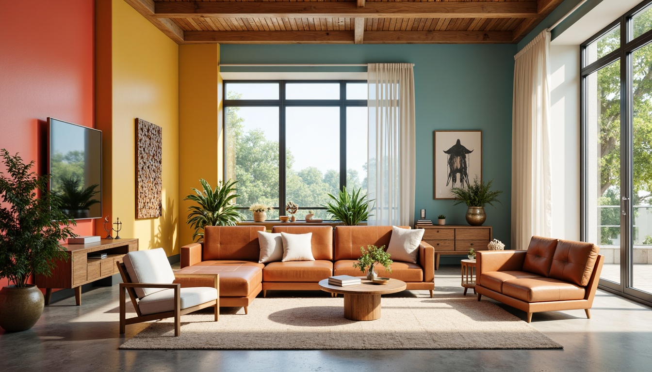 Prompt: Vibrant living room, bold accent walls, soft pastel furniture, rich wood textures, metallic decor accents, warm beige carpets, natural stone flooring, large windows, abundant sunlight, airy atmosphere, calming ambiance, 3/4 composition, shallow depth of field, softbox lighting, realistic reflections.