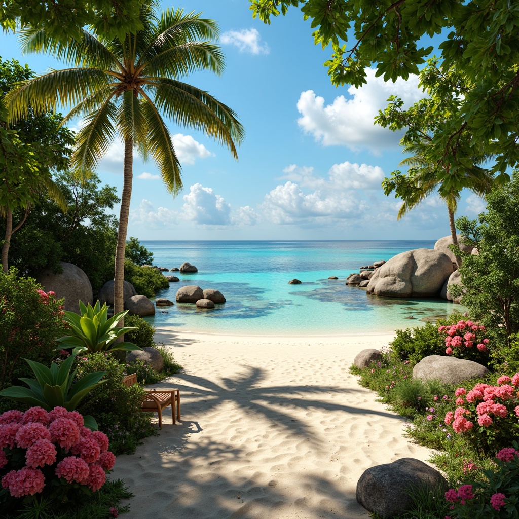 Prompt: Vibrant tropical landscape, lush green foliage, exotic flowers, warm sandy beach, crystal-clear turquoise water, coral reefs, colorful fish, sunny day, soft warm lighting, shallow depth of field, 3/4 composition, panoramic view, realistic textures, ambient occlusion, pastel color palette, bright coral hues, minty fresh tones, creamy whites, weathered wood accents, natural textiles, rattan furniture, woven hammocks.