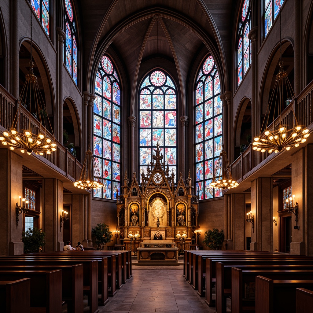 Prompt: Intricate stained glass windows, ornate Gothic architecture, vibrant colorful patterns, sacred Christian symbols, majestic cathedral ceilings, grandiose chandeliers, luxurious velvet fabrics, rich wooden textures, mystical ambiance, soft warm lighting, shallow depth of field, 1/1 composition, realistic reflections, ambient occlusion, subtle color grading.