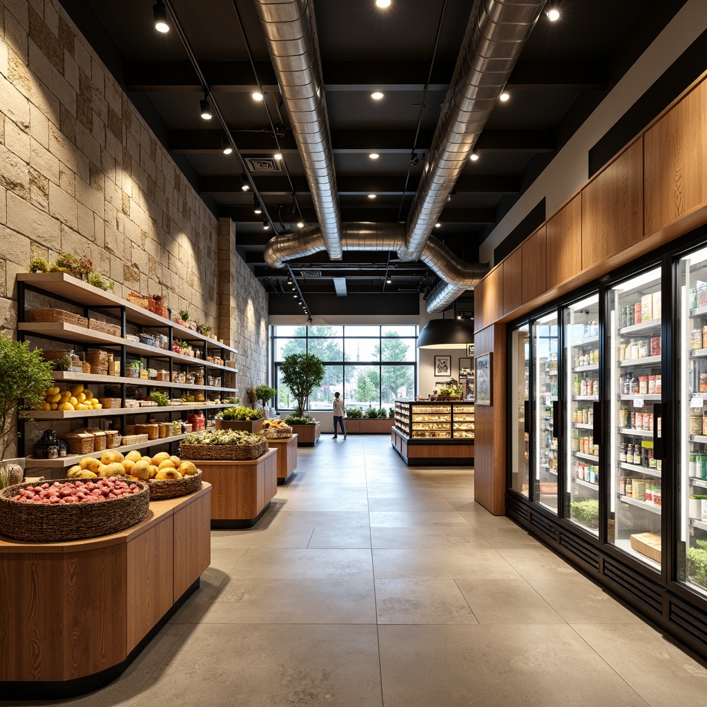 Prompt: Modern grocery store interior, polished concrete floors, wooden shelves, metallic accents, energy-efficient lighting, natural stone walls, earthy color palette, organic produce displays, woven baskets, ceramic tiles, industrial-style refrigerators, exposed ductwork, minimalist signage, abundant natural light, high ceilings, open shelving, rustic wood tones, warm atmospheric lighting, 1/1 composition, shallow depth of field, realistic textures.