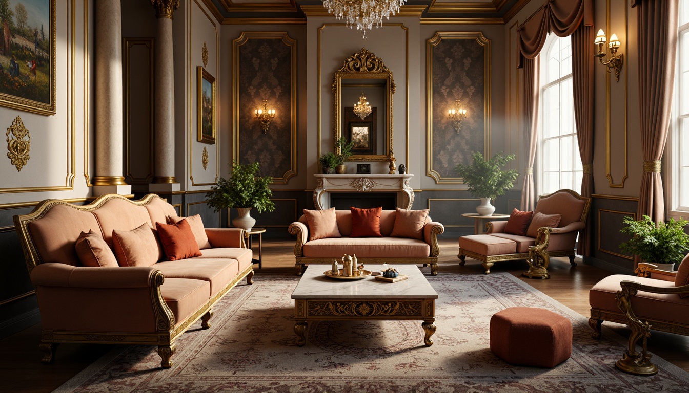 Prompt: Elegant neoclassical living room, ornate furniture, curved lines, intricate carvings, luxurious fabrics, velvet sofas, marble coffee tables, gilded frames, crystal chandeliers, stately columns, high ceilings, grand windows, soft warm lighting, shallow depth of field, 3/4 composition, realistic textures, ambient occlusion.