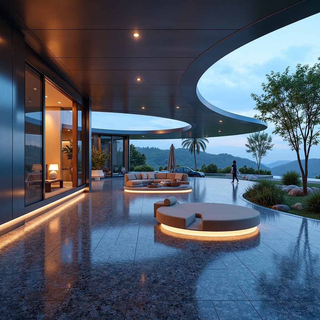 Prompt: Futuristic villa, sleek metallic walls, floor-to-ceiling windows, minimalist interior design, polished chrome accents, high-gloss epoxy floors, iridescent glass tiles, LED-lit flooring, 3D-printed ceramic surfaces, holographic patterns, ambient lighting, shallow depth of field, 1/1 composition, panoramic view, realistic reflections, futuristic furniture designs, space-age inspired decor, retro-futuristic color palette, bold geometric shapes.