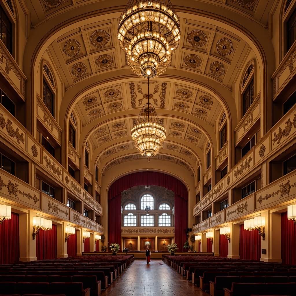 Prompt: Grand auditorium, ornate Art Nouveau decorations, intricately patterned walls, sweeping arches, golden chandeliers, crystal pendant lights, bronze sconces, stained glass windows, majestic stage, red velvet curtains, elegant seating, luxurious fabrics, warm beige tones, soft warm lighting, dramatic spotlighting, subtle shadows, 3/4 composition, symmetrical framing, realistic textures, ambient occlusion.