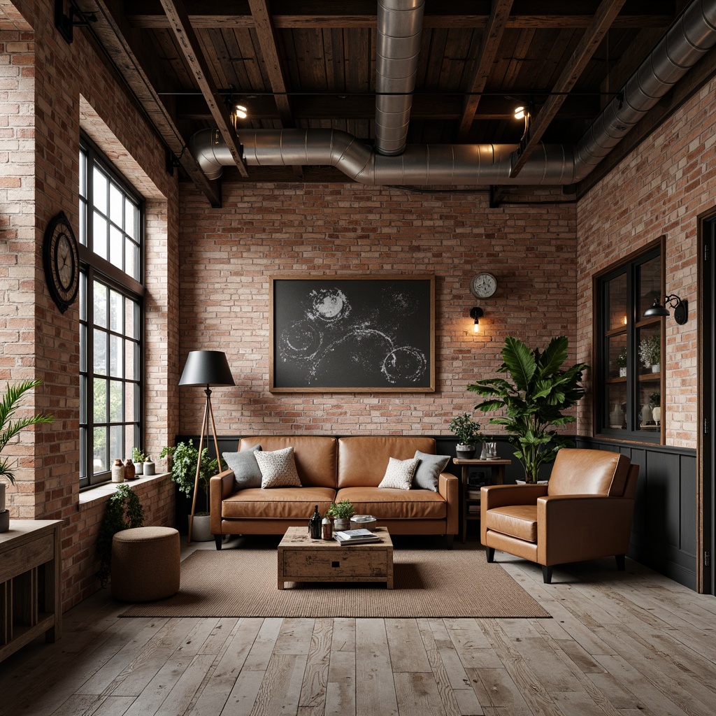 Prompt: Exposed brick walls, metal beams, reclaimed wood flooring, industrial-chic lighting fixtures, distressed leather upholstery, vintage machinery parts, urban loft atmosphere, gritty concrete textures, metallic accents, minimalist decor, functional storage solutions, utilitarian furniture designs, neutral color palette, soft warm lighting, shallow depth of field, 3/4 composition, realistic renderings.