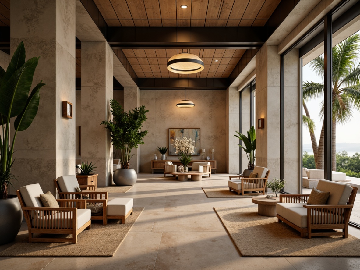 Prompt: Luxurious hotel lobby, natural stone walls, reclaimed wood flooring, minimalist decor, earthy tone color palette, sleek low-profile furniture, greenery accents, woven rattan chairs, jute rugs, raw concrete columns, industrial metal beams, subtle ambient lighting, soft warm glow, 1/1 composition, shallow depth of field, realistic textures, ambient occlusion.