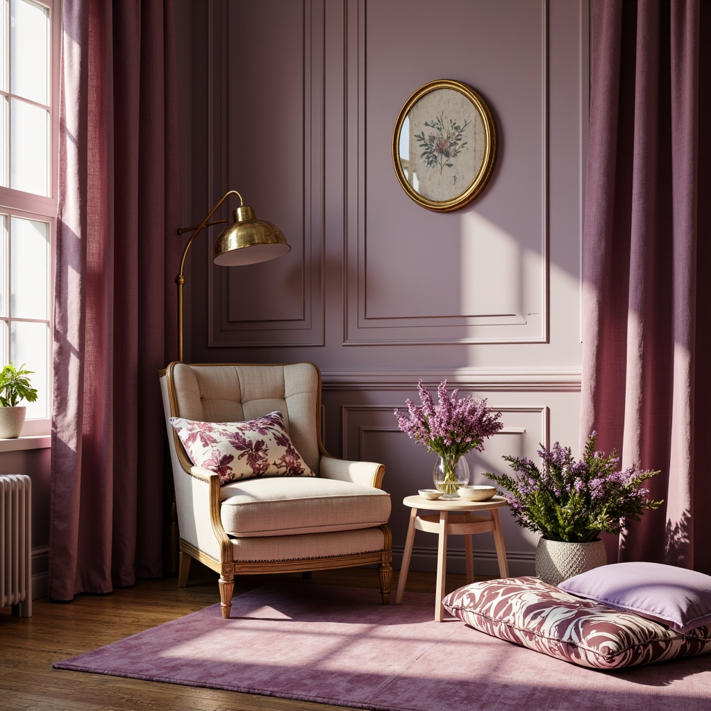 Prompt: Rich plum tones, soft lavender hues, warm beige accents, natural wood textures, elegant golden frames, subtle cream undertones, velvety matte finishes, whimsical floral patterns, delicate lace details, luxurious velvet fabrics, soothing morning light, gentle shadows, 1/2 composition, intimate close-up shots, realistic fabric simulations.