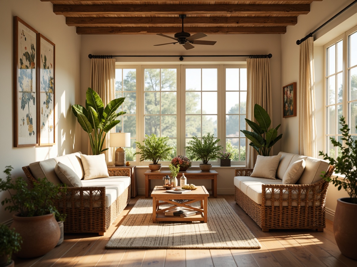 Prompt: Cozy sunroom, warm natural light, soft cream-colored walls, wooden floorboards, woven wicker furniture, plush throw pillows, greenery-filled planters, rustic stone accents, earthy terracotta pots, linen-textured drapes, rough-hewn wooden beams, distressed metal decor, warm beige rugs, ambient afternoon sunlight, shallow depth of field, 1/2 composition, realistic textures, subtle color grading.