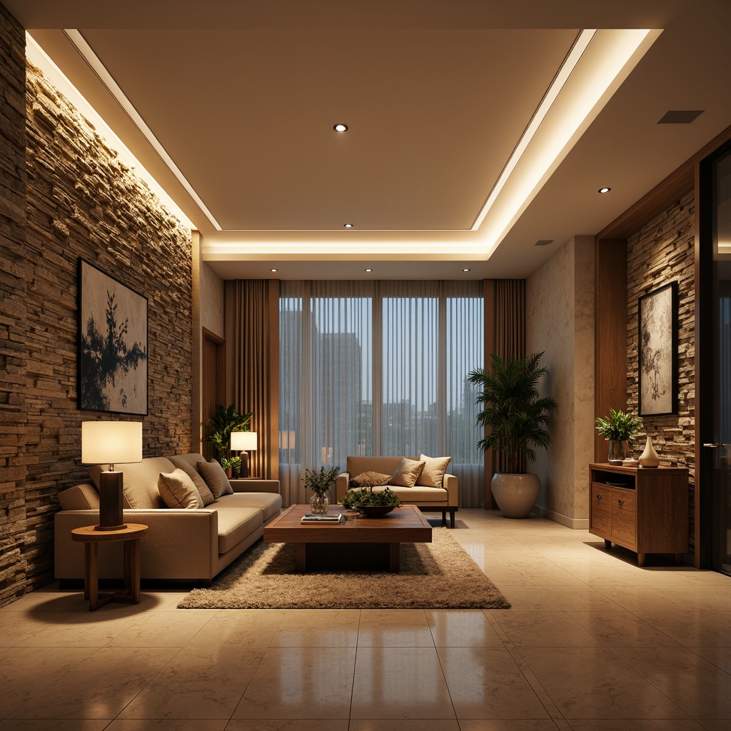 Prompt: Sophisticated living room, stone-inspired walls, marble floors, luxurious furniture, warm ambient lighting, table lamps, floor lamps, LED strips, cove lighting, recessed lighting, natural stone textures, earthy color palette, soft warm glow, high ceilings, large windows, sheer curtains, botanical elements, greenery, peaceful atmosphere, 1/1 composition, shallow depth of field, realistic materials, ambient occlusion.