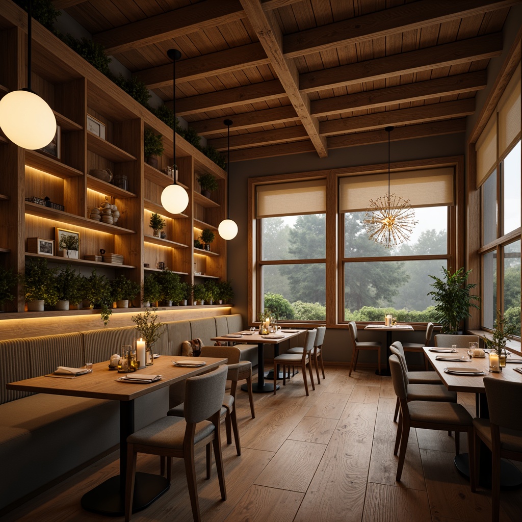 Prompt: Cozy Scandinavian dining hall, warm wooden accents, soft candlelight, pendant lamps, natural linen shades, earthy color palette, rustic wooden tables, comfortable upholstered chairs, lush greenery, floor-to-ceiling windows, snowflake-inspired chandeliers, ambient warm glow, shallow depth of field, 1/1 composition, realistic textures, soft focus, Nordic minimalism.