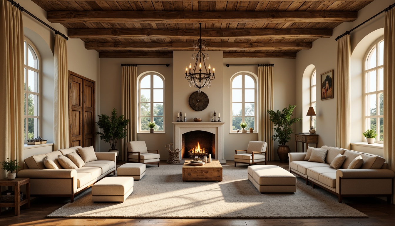 Prompt: Rustic French country estate, distressed wood beams, soft warm lighting, vintage metal chandeliers, cream-colored candlesticks, linen-draped windows, natural stone fireplaces, cozy reading nooks, elegant crystal fixtures, ornate bronze sconces, warm beige walls, plush velvet drapes, golden accents, morning sunlight, subtle shadows, 1/1 composition, intimate atmosphere, soft focus, realistic textures.