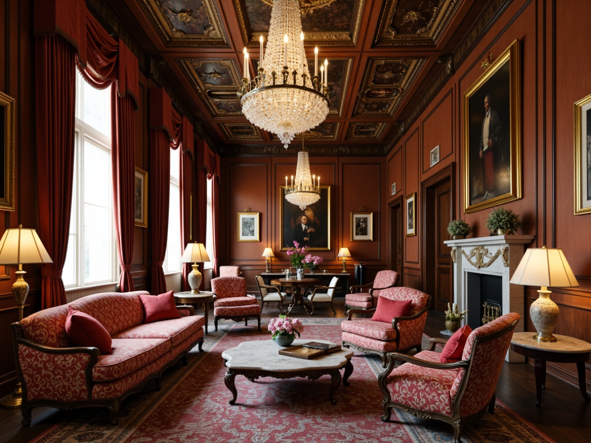 Prompt: Elegant mansion, high ceilings, ornate moldings, crystal chandeliers, luxurious fabrics, velvet sofas, carved wooden armchairs, gilded frames, marble coffee tables, intricate patterns, rich walnut wood, soft warm lighting, dramatic drapery, regal atmosphere, symmetrical composition, vintage accents, sophisticated color palette.