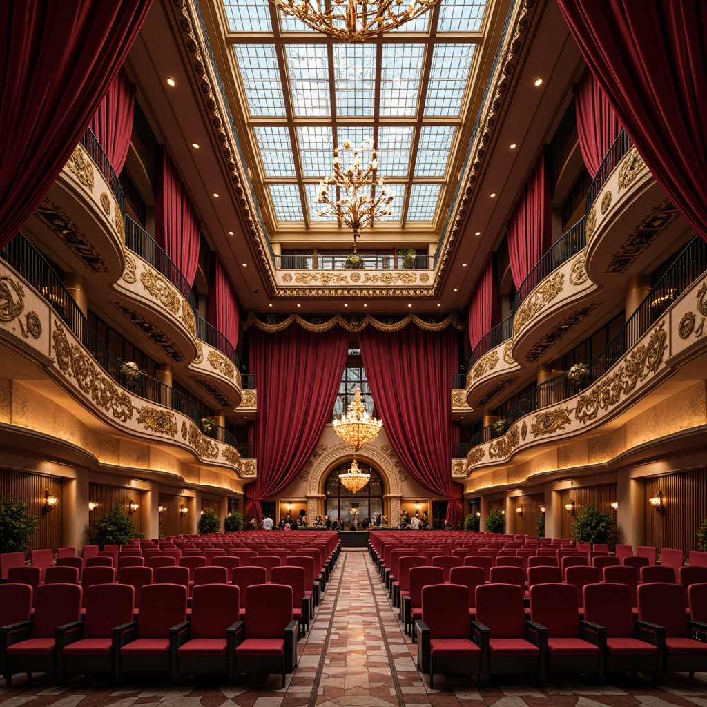 Prompt: \Ornate auditorium, curved lines, flowing shapes, luxurious fabrics, velvet drapes, golden accents, intricate wood carvings, ornamental metalwork, stained glass ceiling, grand chandelier, plush seating, crimson red upholstery, polished marble floors, decorative archways, sweeping staircases, lavish balconies, dramatic lighting, warm soft glow, high contrast ratio, cinematic atmosphere, symmetrical composition, central focal point, opulent details.\