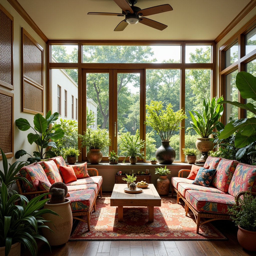 Prompt: Vibrant sunroom, warm natural light, lush greenery, rattan wicker furniture, plush cushions, bold colorful patterns, eclectic decorative accents, distressed wood textures, vintage metal frames, ornate ceramic vases, whimsical sculptures, tropical leaf motifs, woven bamboo screens, airy open space, relaxed casual atmosphere, soft diffused lighting, 1/1 composition, shallow depth of field, realistic reflections.