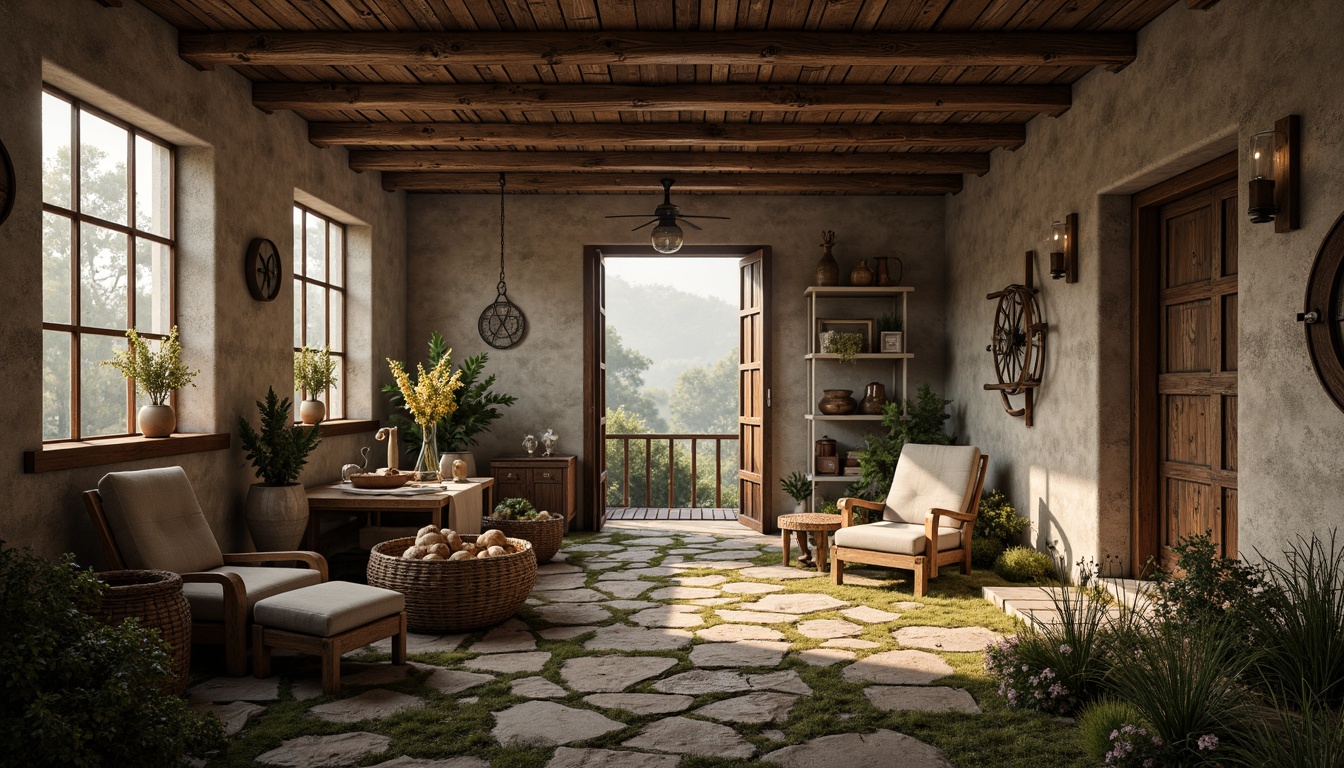 Prompt: Earthy tone palette, weathered wood accents, distressed stone walls, rusty metal decor, vintage farming tools, natural linen fabrics, woven wicker furniture, moss-covered pathways, foggy misty atmosphere, soft warm lighting, shallow depth of field, 1/2 composition, realistic textures, ambient occlusion.