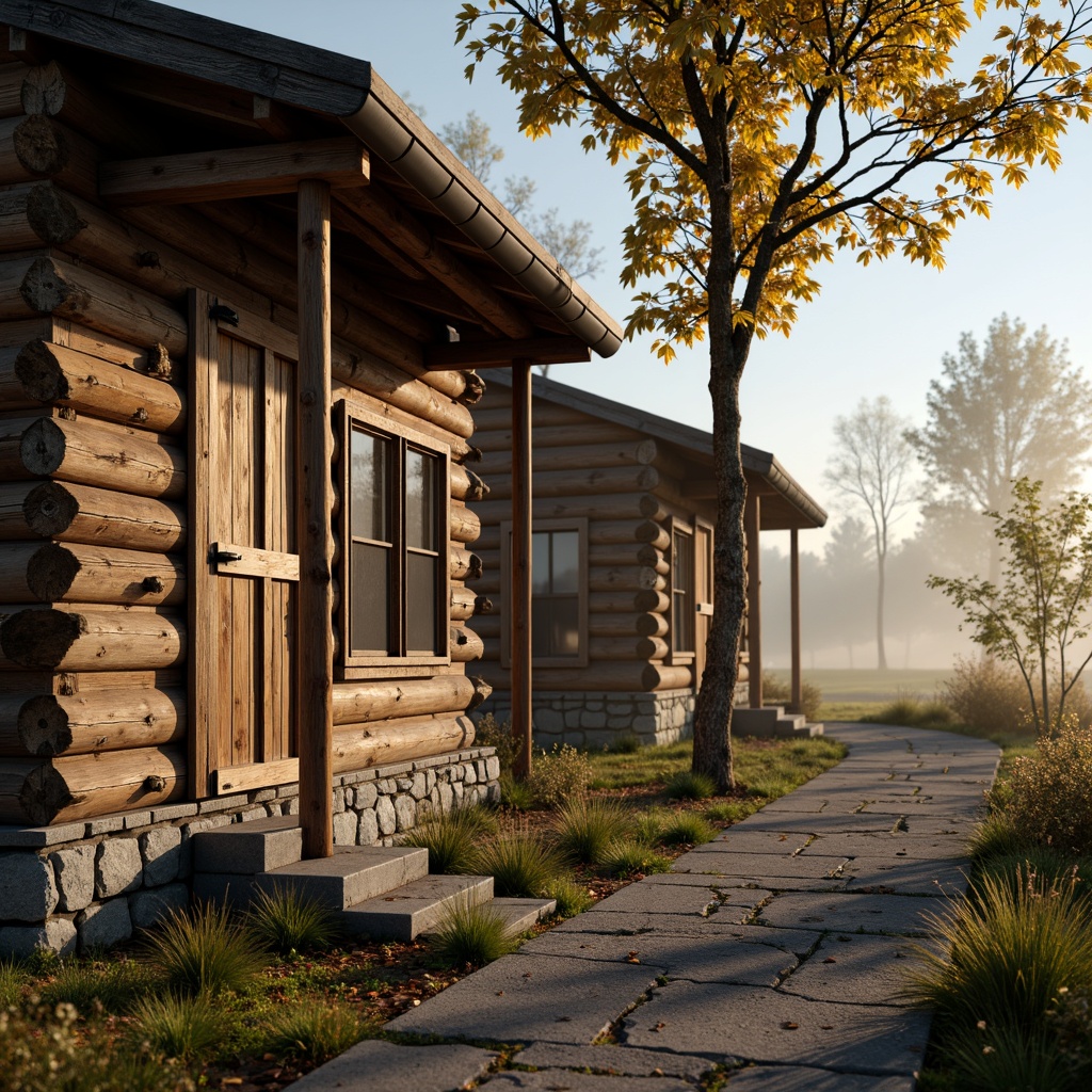 Prompt: Rustic wooden cabins, natural stone foundations, earthy color palette, rough-hewn beams, distressed wood textures, vintage metal accents, reclaimed barn doors, wooden shutters, rural landscape, misty morning fog, warm golden lighting, shallow depth of field, 1/2 composition, realistic textures, ambient occlusion.