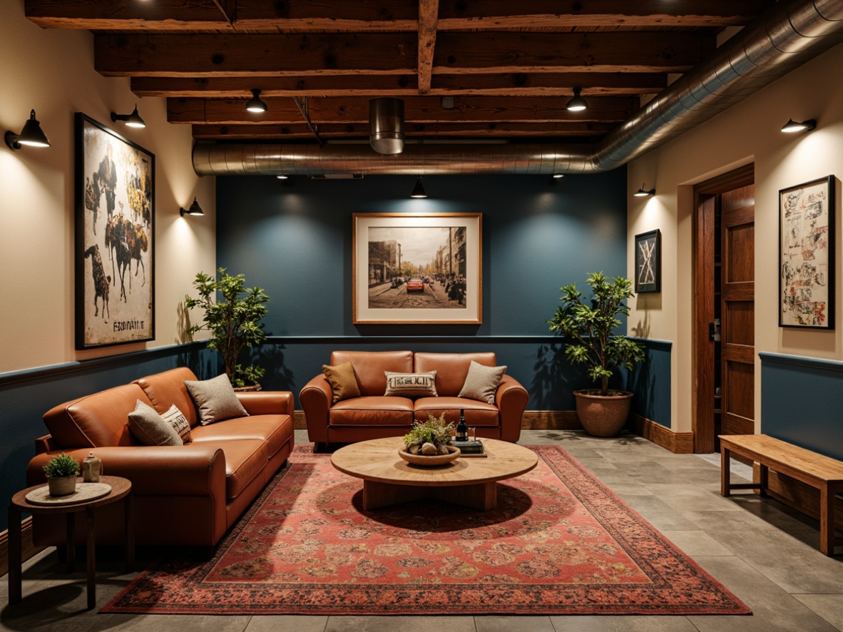 Prompt: Cozy basement atmosphere, warm earthy tones, rich wood accents, soft cream walls, deep blue undertones, rustic brick reds, industrial metal grays, modern minimalist whites, dramatic spot lighting, ambient warm glow, intimate seating areas, plush carpet textures, natural stone floors, eclectic vintage decor, distressed wood finishes, bold graphic patterns.