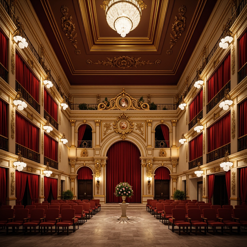 Prompt: Grand opera house, ornate decorations, lavish furnishings, rich red velvet curtains, golden accents, crystal chandeliers, marble floors, intricate moldings, Baroque architecture, dramatic spotlights, warm ambient glow, soft focus, shallow depth of field, 1/2 composition, symmetrical framing, realistic textures, subtle color grading.