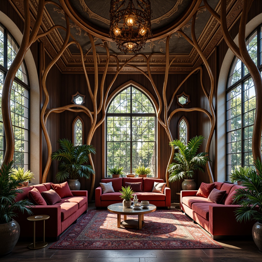 Prompt: Luxurious velvet sofa, ornate wooden armchairs, flowing organic curves, sinuous lines, whiplash motifs, stained glass windows, intricate metalwork, grand chandeliers, lavish textiles, rich jewel tones, golden accents, natural materials, fluid shapes, botanical patterns, asymmetrical compositions, warm soft lighting, shallow depth of field, 2/3 composition, realistic reflections, ambient occlusion.