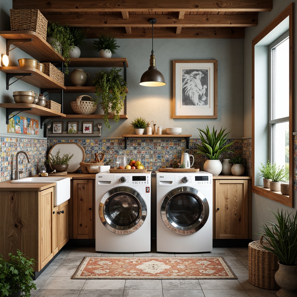 Prompt: Whimsical laundry room, eclectic mix of patterns, vintage-inspired washing machines, distressed wood cabinets, industrial metal shelving, woven wicker baskets, colorful ceramic tiles, natural stone flooring, playful pendant lighting, rustic wooden accents, earthy color palette, 3/4 composition, shallow depth of field, warm soft focus, modern minimalist decor, functional storage solutions, open shelving, hidden compartments, sliding drawers, decorative bins, artistic wall art.