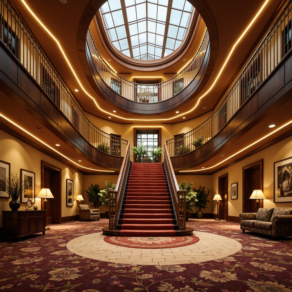 Prompt: Grand staircase, luxurious carpeting, rich wood tones, warm golden lighting, elegant banister design, ornate metalwork, lavish furnishings, sophisticated color palette, deep jewel tones, creamy whites, soft pastels, velvety textures, subtle sheen, dramatic high ceiling, sweeping curves, 1/2 composition, atmospheric shadows, realistic reflections, intricate details.