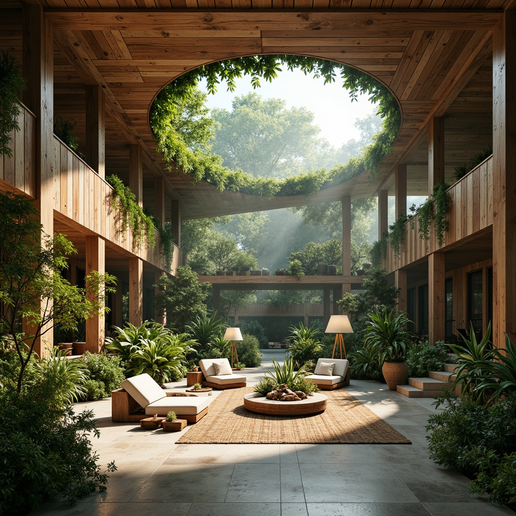 Prompt: Organic curves, reclaimed wood accents, lush green walls, living roofs, natural stone floors, earthy color palette, abundant natural light, airy open spaces, minimalist decor, botanical prints, woven textiles, rattan furniture, tropical plants, misty atmosphere, soft warm lighting, shallow depth of field, 1/1 composition, realistic textures, ambient occlusion.