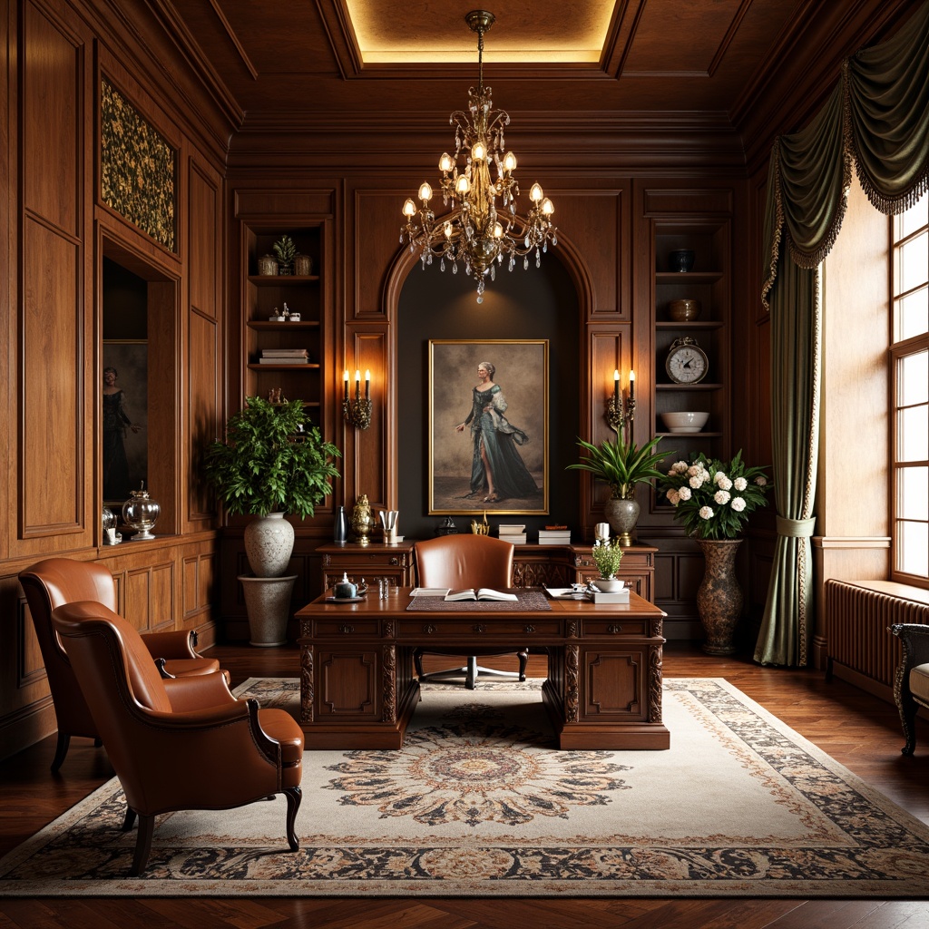 Prompt: Elegant home office, rich wood paneling, luxurious leather furniture, ornate metal fixtures, intricate carvings, sophisticated lighting, grand chandeliers, plush area rugs, vintage decorative items, lavish drapery, opulent color palette, warm golden lighting, shallow depth of field, 1/1 composition, realistic textures, ambient occlusion.