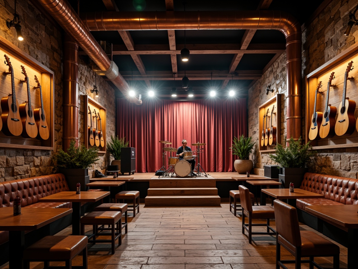 Prompt: Rustic music venue, reclaimed wood accents, distressed metal finishes, vintage guitar displays, earthy tone color palette, warm candle lighting, plush velvet stage curtains, wooden floorboards, natural stone walls, industrial-chic exposed ductwork, rich leather upholstery, copper piping details, artisanal craft beer bars, intimate performance spaces, atmospheric fog effects, dramatic spotlights, 3/4 composition, shallow depth of field, realistic textures.