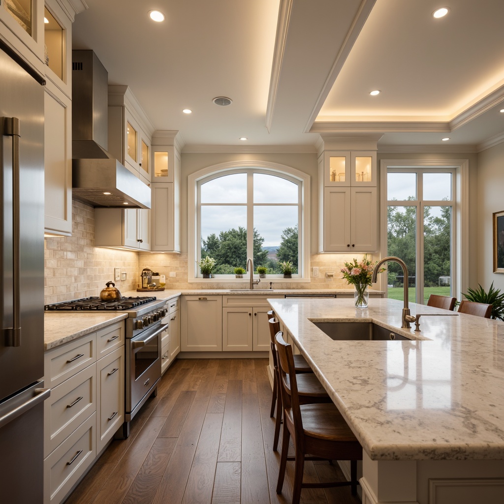 Prompt: Luxurious kitchen, marble countertops, soft warm lighting, creamy white cabinets, polished chrome fixtures, elegant curves, subtle veining patterns, rich brown wooden flooring, ambient occlusion, shallow depth of field, 3/4 composition, natural stone backsplash, modern appliances, spacious open layout, neutral color palette, sophisticated ambiance, high-end interior design.