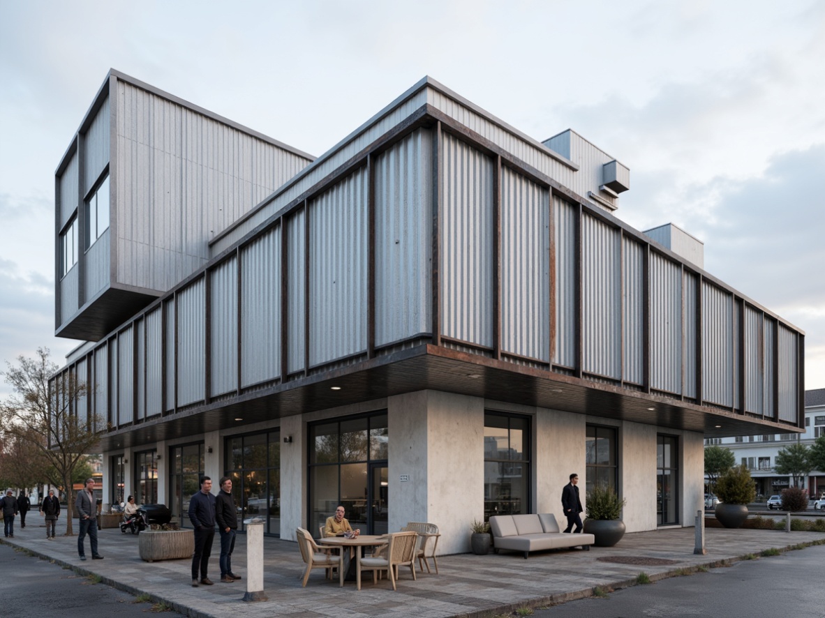 Prompt: Industrial building, galvanized steel structures, rust-resistant coating, silver-gray finish, modern architecture, functional design, large windows, metal cladding, exposed ductwork, concrete floors, urban landscape, cityscape background, overcast sky, soft diffused lighting, shallow depth of field, 1/1 composition, realistic textures, ambient occlusion.