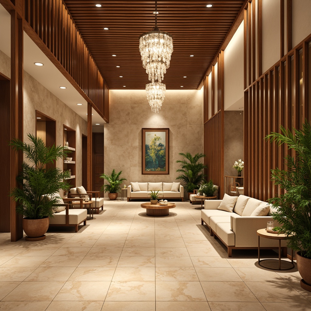 Prompt: Luxurious hotel lobby, warm beige marble floors, rich walnut wood accents, soft golden lighting, plush cream-colored sofas, vibrant emerald greenery, ornate bronze fixtures, elegant crystal chandeliers, sophisticated neutral tones, calming spa-inspired colors, natural stone walls, earthy terracotta pots, inviting warm atmosphere, shallow depth of field, 1/1 composition, realistic textures, ambient occlusion.