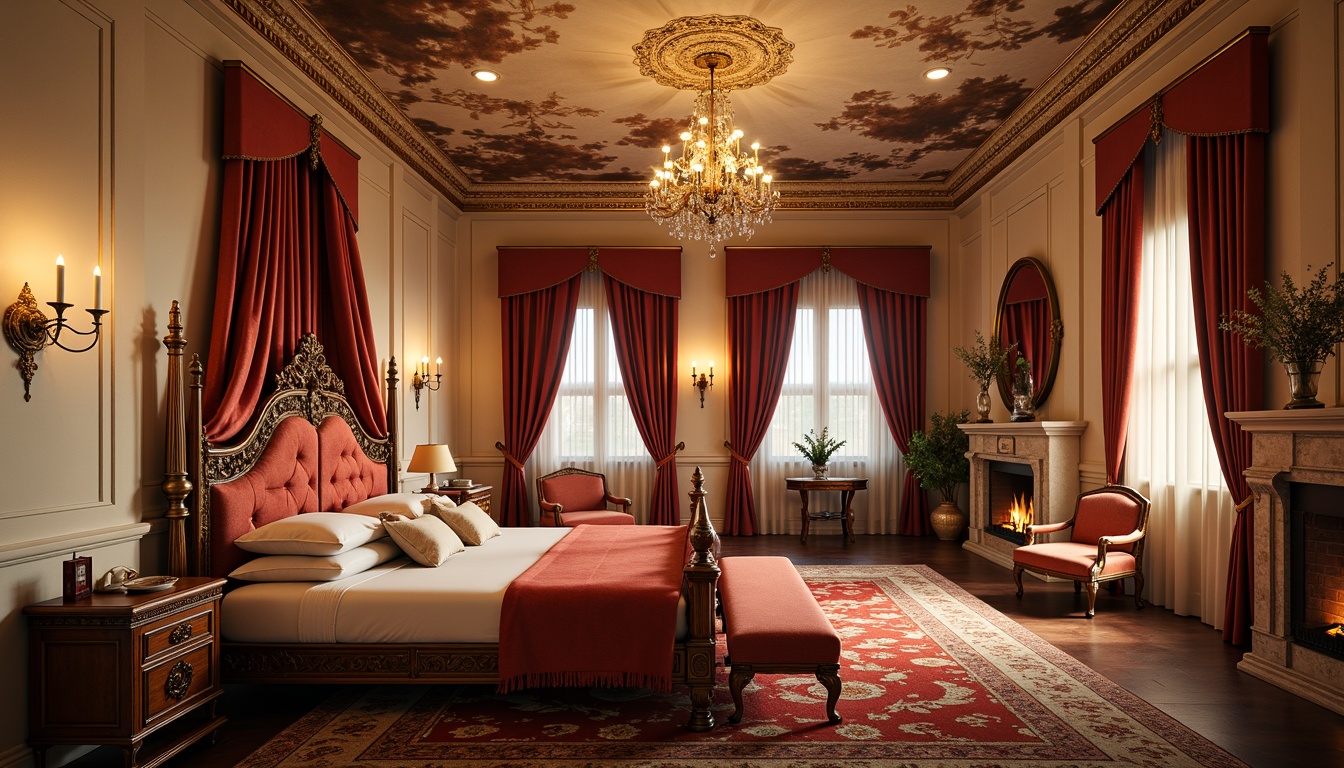 Prompt: Renaissance-inspired kids' room, ornate chandeliers, warm golden lighting, soft cream-colored walls, rich wood furniture, intricately carved bed frames, regal red velvet drapes, luxurious satin bedding, majestic stone fireplaces, grandiose ceiling murals, sparkling crystal sconces, whimsical fairy lights, cozy reading nooks, 1/2 composition, warm color palette, high contrast ratio, dramatic shadows, soft focus effect.