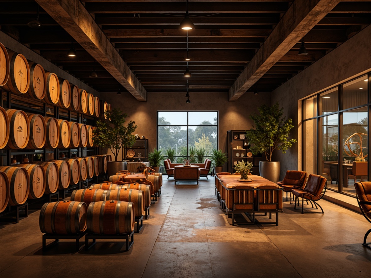 Prompt: Vibrant wine barrels, rustic wooden crates, dimly lit cellar atmosphere, postmodern interior design, translucent glass walls, industrial metal beams, exposed brickwork, polished concrete floors, minimalist furniture, curved lines, abstract sculptures, ambient warm lighting, dramatic shadows, soft focus blur, 1/2 composition, intimate setting, earthy color palette, natural stone accents, vintage wine-making equipment.