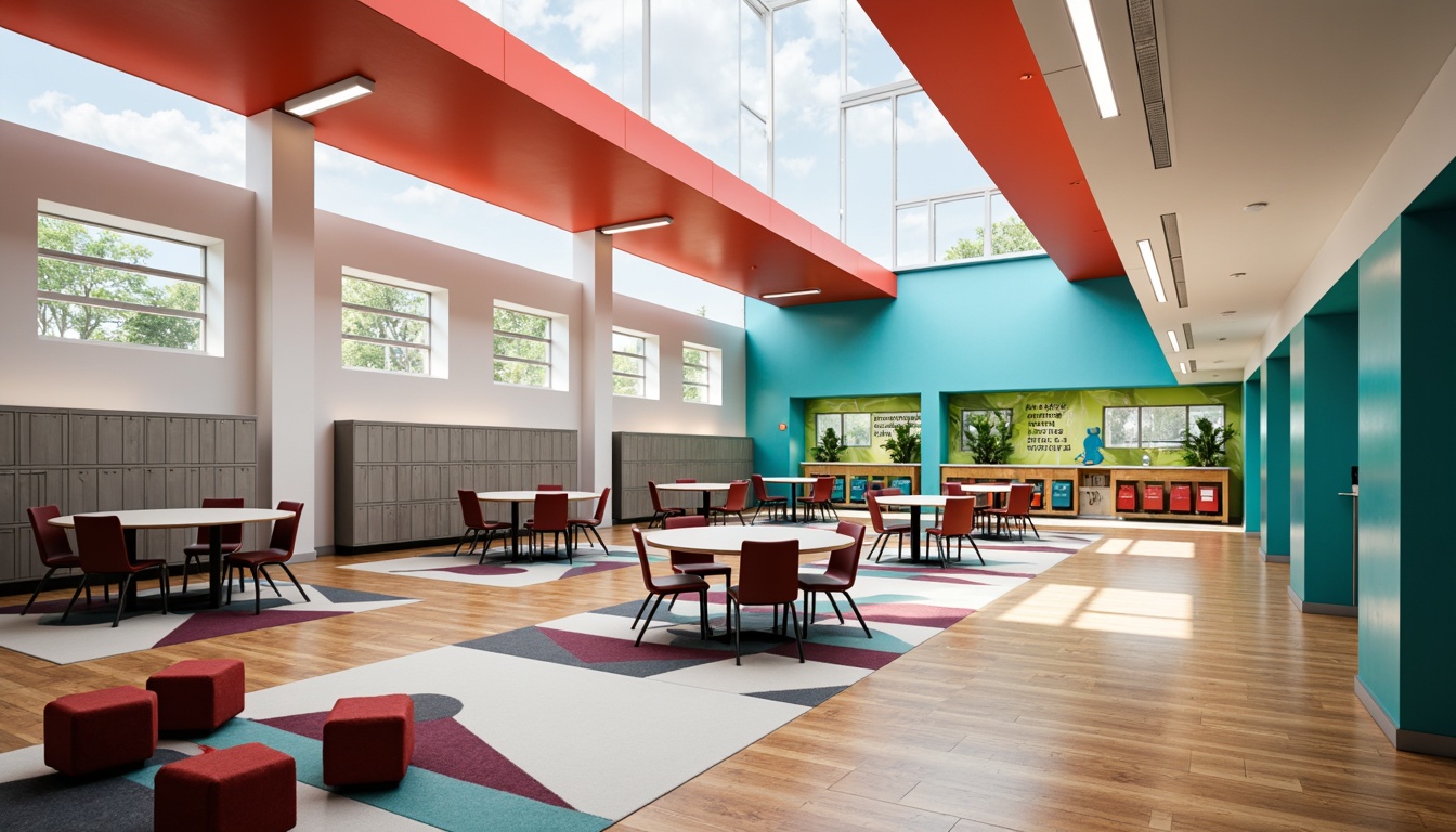 Prompt: Vibrant middle school interior, streamlined modern design, bold color palette, energetic turquoise walls, bright coral accents, creamy white ceilings, polished wooden floors, sleek metal lockers, minimalist furniture, abundant natural light, clerestory windows, industrial-chic lighting fixtures, geometric patterned rugs, collaborative workspaces, inspiring quotes, motivational murals, dynamic shapes, futuristic digital displays, ambient soft glow, shallow depth of field, 1/2 composition, realistic textures, subtle shadows.