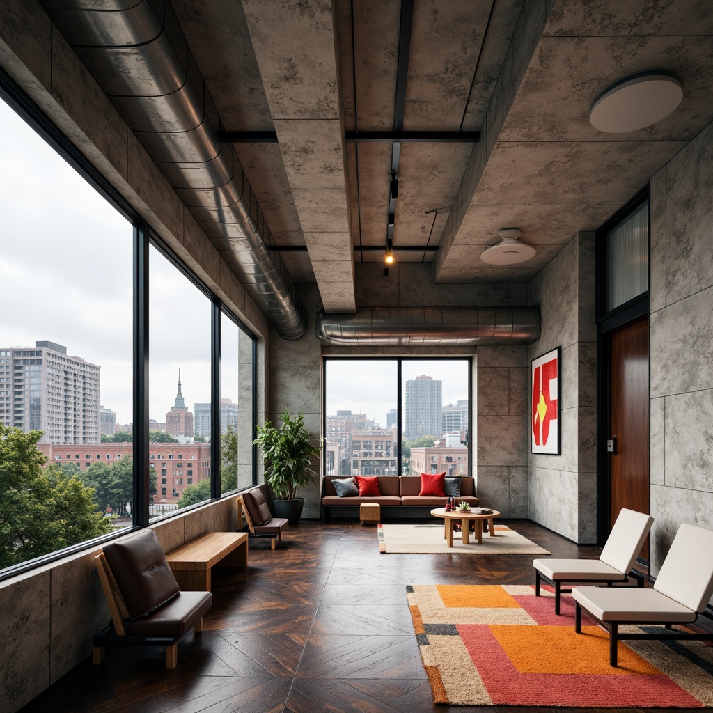 Prompt: Geometrically-shaped buildings, rough-textured concrete walls, industrial-style metal accents, bold black window frames, minimalist interior design, functional furniture, vibrant primary color schemes, abstract geometric patterns, distressed wood flooring, exposed ductwork, urban cityscape, cloudy day, soft diffused lighting, shallow depth of field, 1/1 composition, realistic materials, ambient occlusion.