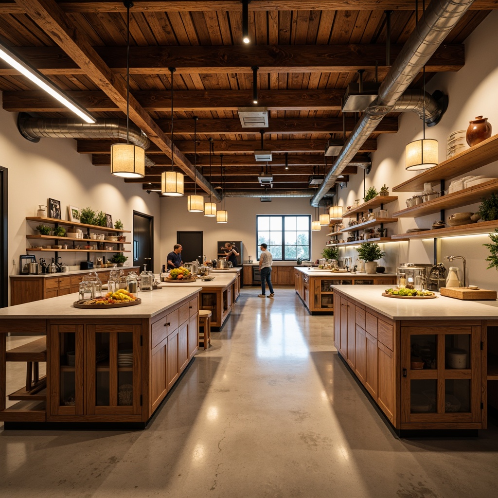 Prompt: Southwestern laboratory interior, warm earthy tones, wooden cabinetry, rustic metal accents, industrial-style lighting fixtures, pendant lamps with natural linen shades, recessed ceiling lights, LED strip lighting under countertops, distressed wood beams, exposed ductwork, modern minimalist workstations, high-gloss epoxy resin floors, stainless steel lab equipment, ambient softbox lighting, 1/2 composition, shallow depth of field, warm color temperature, realistic textures, subtle ambient occlusion.