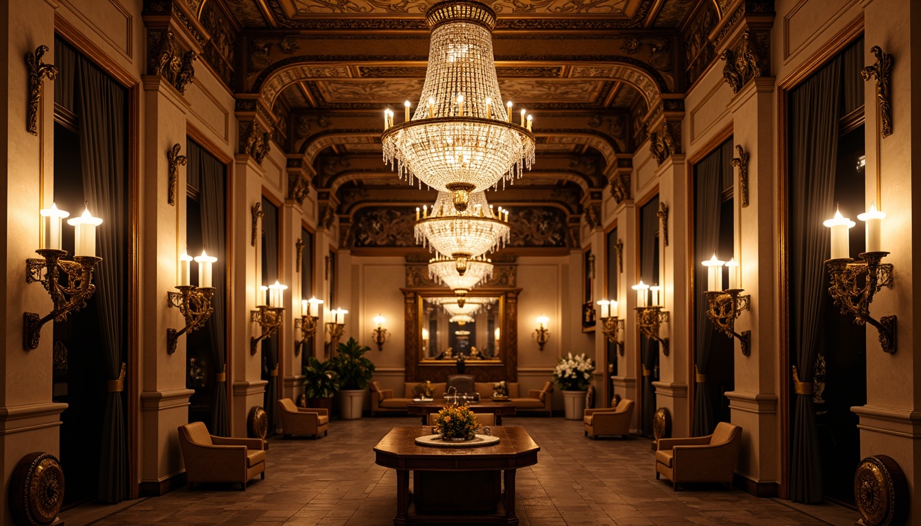 Prompt: Ornate chandeliers, crystal droplets, brass fixtures, intricately patterned metalwork, lavish candelabras, opulent sconces, ornamental lanterns, richly toned wooden accents, velvet drapes, heavily adorned mirrors, antique bronze hardware, luxurious fabrics, elaborate moldings, grandiose ceiling details, warm golden lighting, soft diffused glow, 1/1 composition, symmetrical framing, realistic textures, ambient occlusion.