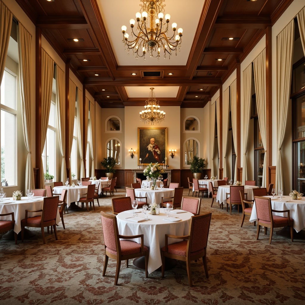 Prompt: Elegant dining hall, luxurious furniture, warm beige walls, rich wood tones, soft cream accents, sophisticated chandeliers, opulent drapery, lavish carpets, ornate mirrors, classic artwork, refined metallic fixtures, subtle texture contrasts, muted earthy tones, inviting ambiance, golden hour lighting, shallow depth of field, 2/3 composition, realistic reflections.