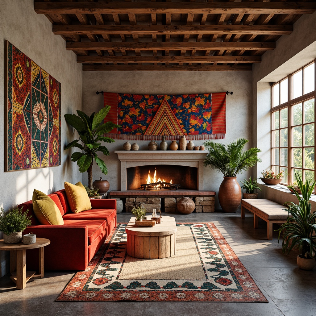 Prompt: Vibrant eclectic interior, colorful bohemian textiles, abstract patterned fabrics, Moroccan-inspired tiles, plush velvet pillows, chunky woven rugs, distressed wooden furniture, industrial metal decor, reclaimed wood accents, earthy terracotta vases, lush greenery, natural stone walls, soft warm lighting, 1/2 composition, atmospheric perspective, realistic textures.