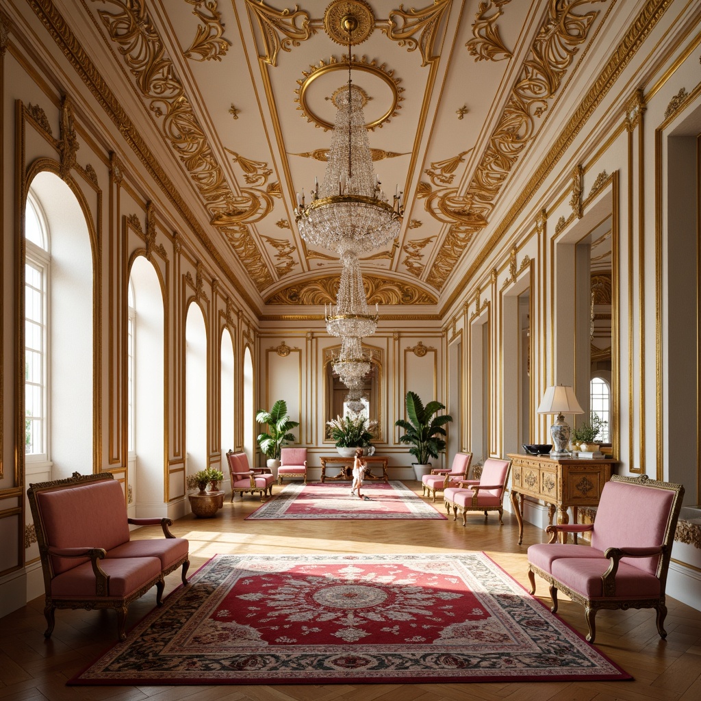 Prompt: Opulent Rococo interior, lavish gold accents, soft creamy whites, rich velvety reds, delicate pastel pinks, intricate ornate patterns, carved wooden furnishings, luxurious silk fabrics, crystal chandeliers, dramatic coved ceilings, sweeping curved lines, subtle gradient effects, warm golden lighting, shallow depth of field, 1/1 composition, detailed textures, ambient occlusion.