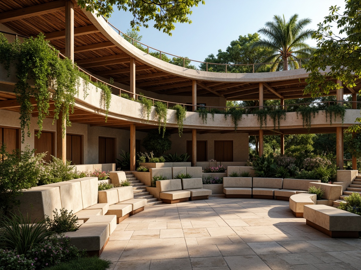 Prompt: Earthy amphitheater, natural stone seating, wooden accents, lush greenery, vines crawling up structures, rustic metal railings, earth-toned textiles, organic shapes, curved lines, blending with surroundings, harmonious with nature, warm sunny day, soft diffused lighting, 1/2 composition, symmetrical balance, realistic rock textures, ambient occlusion.