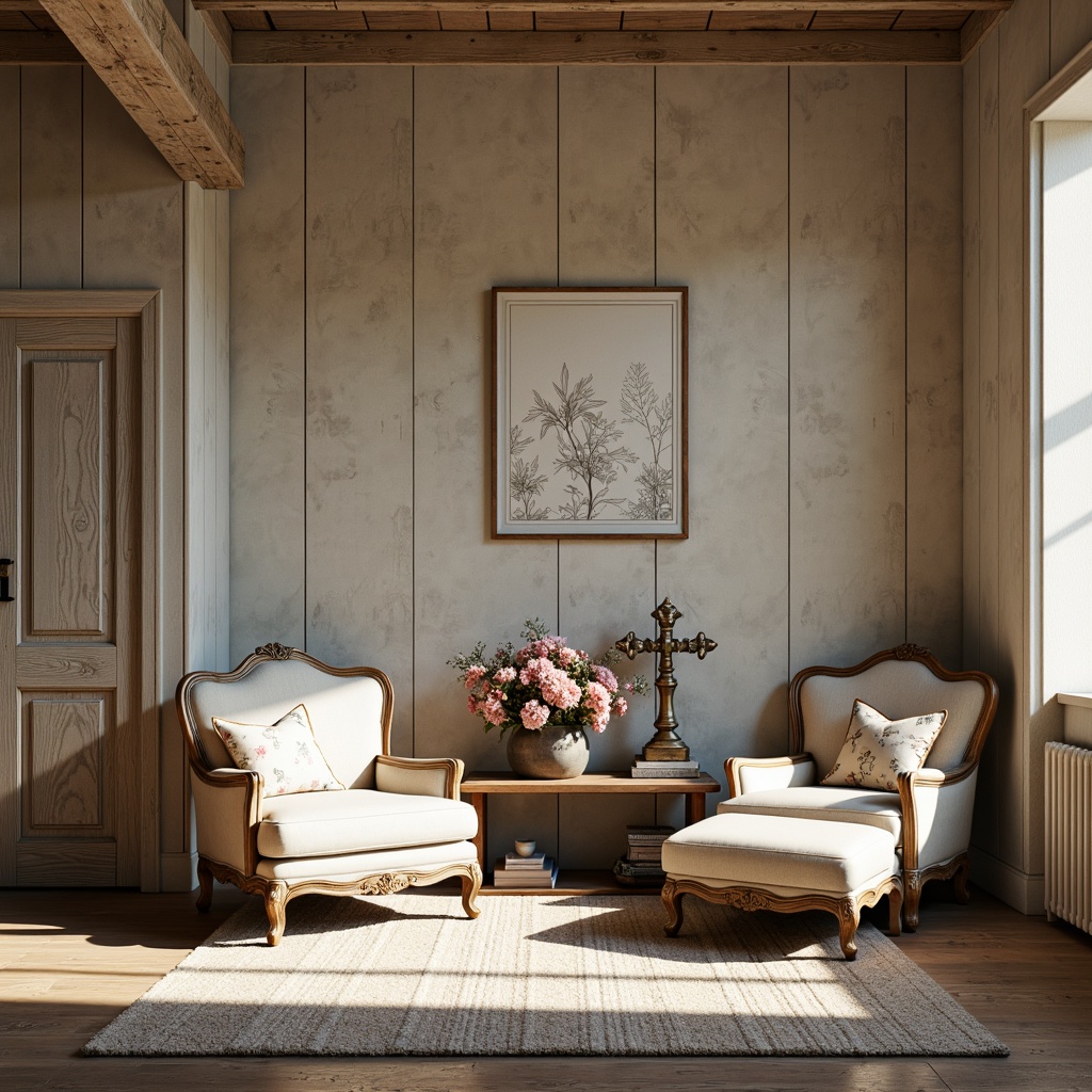 Prompt: Rustic French country homes, distressed wood accents, soft creams, warm beiges, muted blues, earthy terracotta, vintage furniture pieces, ornate metalwork details, floral patterned fabrics, natural linen textures, sunny afternoon light, gentle warm shadows, 1/1 composition, intimate close-up shots, realistic renderings.