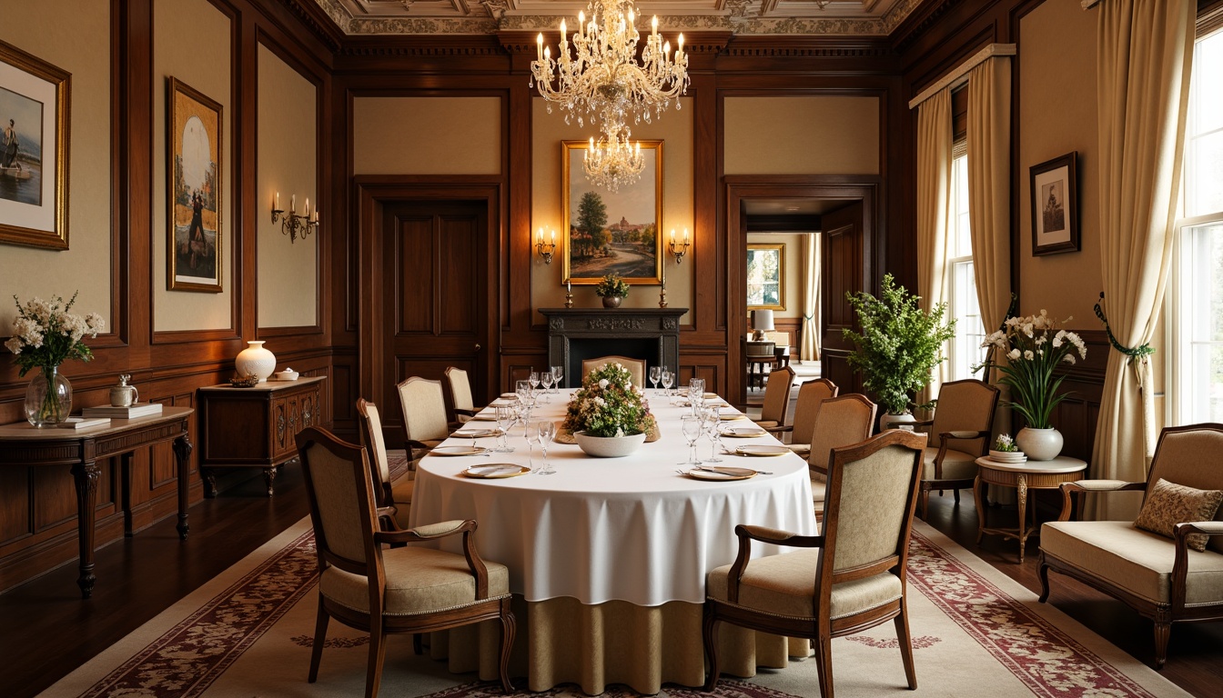 Prompt: Elegant dining room, rich wood paneling, ornate moldings, warm beige walls, luxurious fabrics, crystal chandeliers, refined furniture, classic artwork, subtle lighting, soft cream curtains, intricate wallpaper patterns, vintage-inspired accessories, sophisticated color palette, traditional English style, formal ambiance, shallow depth of field, 1/1 composition, realistic textures.