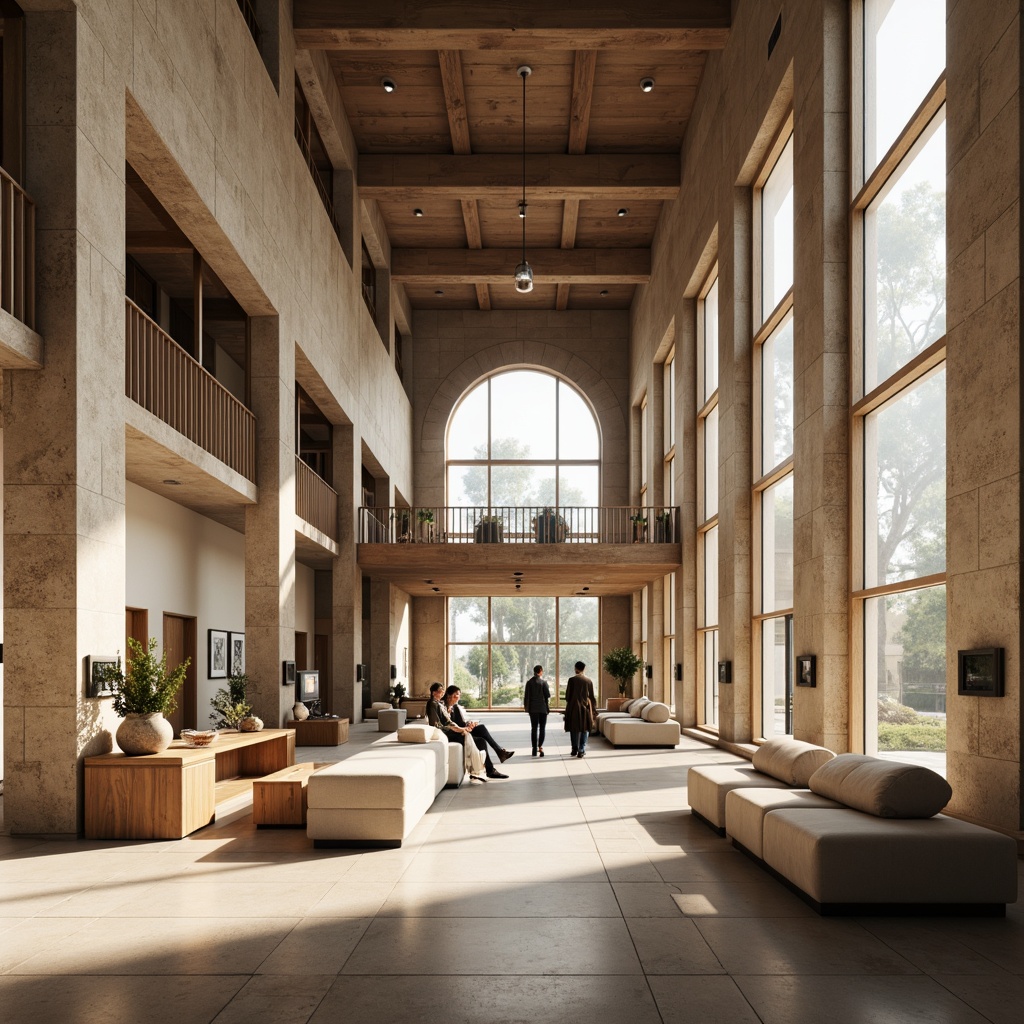 Prompt: Elegant visual arts center, neutral color palette, natural stone walls, polished wood floors, high ceilings, abundant natural light, large windows, modern minimalist architecture, sleek metal accents, subtle texture variations, earthy tone ceramics, rustic wooden furniture, soft warm lighting, shallow depth of field, 3/4 composition, panoramic view, realistic textures, ambient occlusion.