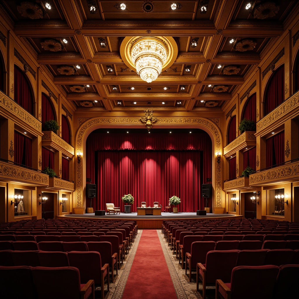 Prompt: Elegant auditorium, ornate chandeliers, rich velvet curtains, wooden floorboards, intricately carved balconies, golden accents, luxurious seating, traditional architectural details, grand proscenium arch, red carpet, majestic stage lighting, warm spotlights, dramatic shadows, 3/4 composition, shallow depth of field, realistic textures, ambient occlusion.